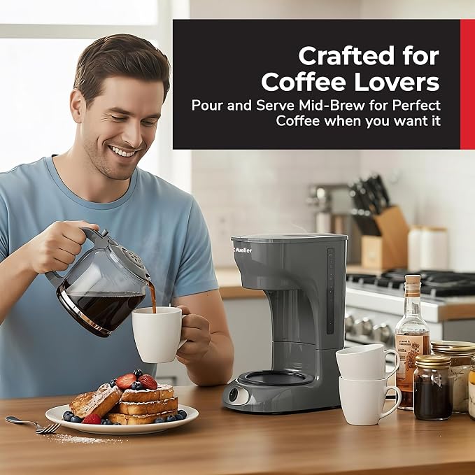 MUELLER HOME 12-Cup Drip Coffee Maker Perfect for Home or Office, Borosilicate Carafe, Auto-Off, Reusable Filter, Anti-Drip, Keep-Warm Function, Clear Water Level Window, Gray