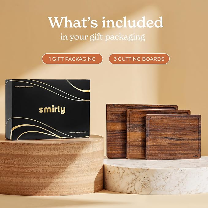 SMIRLY Wood Cutting Boards for Kitchen - Walnut Cutting Board with Handle and Juice Groove for Meal Prep, Serving, Charcuterie - Kitchen Gadgets, House Warming Gifts - Wooden Chopping Board Set of 3