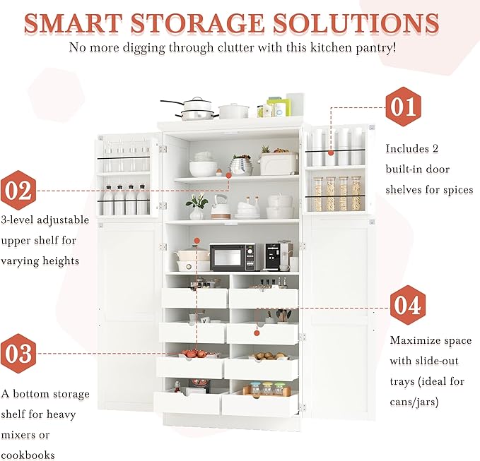 VilroCaz Freestanding Kitchen Pantry Tall Storage Cabinet, Wooden Kitchen Organizers with 4 Doors, 2 Door Shelves, 8 Pull-Out Trays and Adjustable Shelf for Dining Room Living Room (White-8.5)