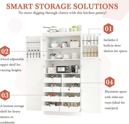 VilroCaz Freestanding Kitchen Pantry Tall Storage Cabinet, Wooden Kitchen Organizers with 4 Doors, 2 Door Shelves, 8 Pull-Out Trays and Adjustable Shelf for Dining Room Living Room (White-8.5)