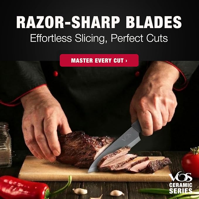 Vos ceramic knives set for kitchen in gift box, 5 ceramic knife with cover with scissors, 3" 4" 5" 6" ultra sharp knives for home cooks, lightweight, rust-free, dishwasher safe (Black handle)