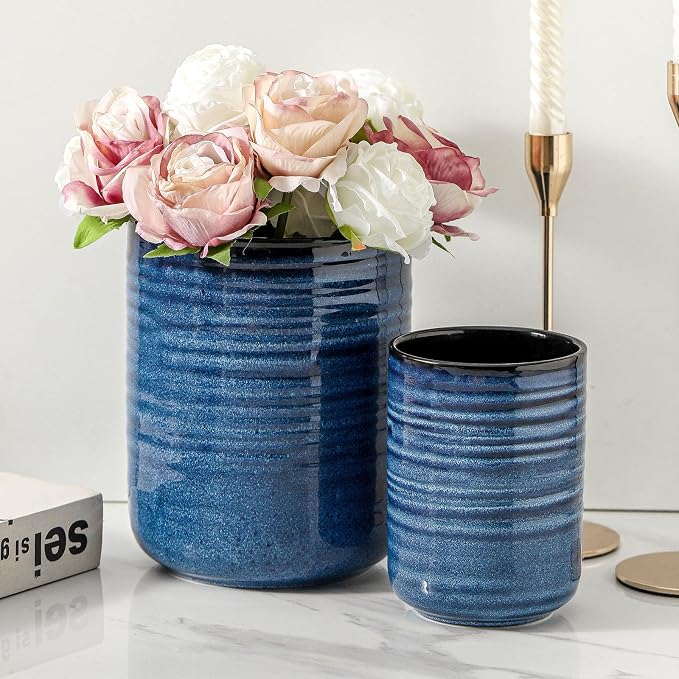 HASENSE Ceramic Utensil Holder Set of 2 (7.4"+5.5"), Modern Farmhouse Kitchen Utensil Crocks for Countertop, Blue Kitchen Tool Organizer for Spatulas, Whisks, Tongs & Cooking Tools