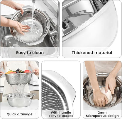 Paoli 304 Stainless Steel Fine Mesh Colander Set, 2.5QT Large Capacity Strainer with Mixing Bowl — Rinse Fruits, Veggies, Rice & Drain Pasta, Dishwasher Safe (2-Piece Gold)