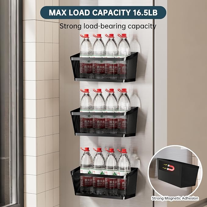3 Pack Black Metal Magnetic Spice Rack for Refrigerator, Heavy Duty Magnet Shelf for Fridge, Drill Free Mesh Organizer Basket for Kitchen, Pantry, Laundry Room, Garage