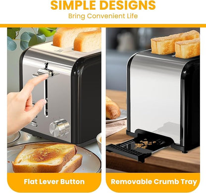 Simple Deluxe 2-Slice Toaster, 6 Browning Setting and 3 Function Stainless Steel Toaster, Extra Wide Slot & Removable Crumb Tray, for Bread & Waffle, Black