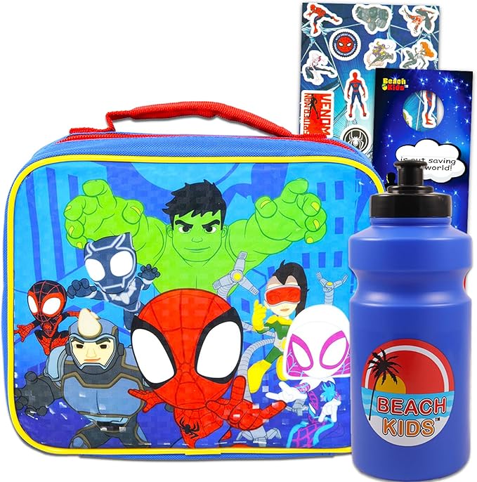 Spidey and His Amazing Friends Lunch Box Set - Bundle of Spiderman Lunch Bag, Water Bottle, Stickers, and More | Spiderverse School Supplies