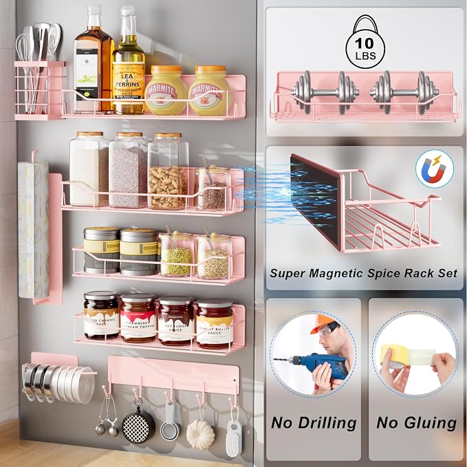 Magnetic Spice Rack for Refrigerator,8 Pack Magnetic Fridge Shelf, Moveable Spice Organizer with Hook Rack, Paper Towel Holder, Utensil Holder,cup lid holder, Super Magnetic Rack Set (Pink)