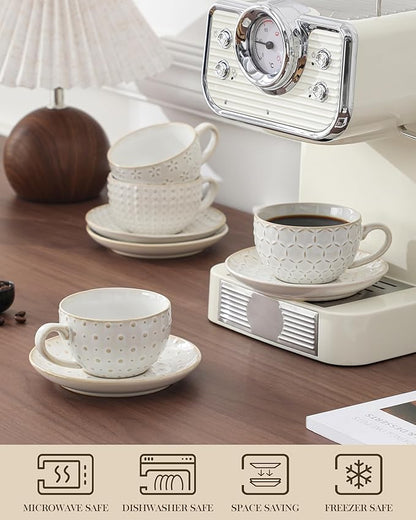 MALACASA 6 OZ Cappuccino Cups with Saucers Set of 4 - Ceramic Stackable Tea Cups and Saucers, Embossment Coffee Mugs for Tea, Latte and Mocha, Dishwasher Safe, Arctic white, LYDIA Series