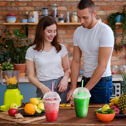 6 Set Slushie Cups with Dome Lids and Straws Detachable Spoon Straws Reusable Plastic Iced Coffee Cups Smoothie Tumbler for Birthdays Summer Party Supplies(Transparent White,16 oz)