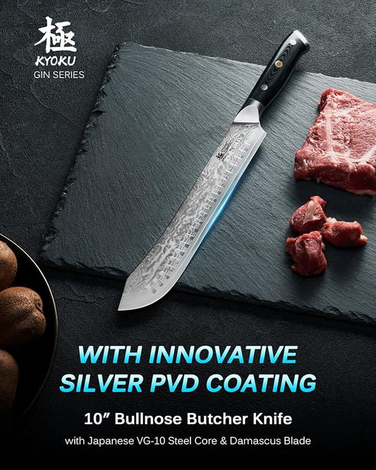 KYOKU 10″ Damascus Butcher Knife for Meat Cutting,UPGRADED Breaking Knife with Silver PVD Coating for Professional Home Chefs,Sharp Bullnose Japanese Style VG10 Steel Meat Carving Knife for Kitchen