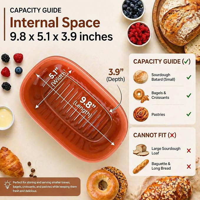 Terracotta Bread Saver Box with Gift Box, Internal 9.8"x5.1"x3.9" Small Bread Bin with Natural Bamboo Lid,Food-Safe Glazed Interior, for Small Artisan Sourdough, Housewarming & Wedding Gift