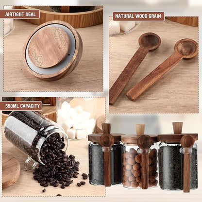 Remerry Set of 6 Glass Jar with Wooden Lid and Spoon, 20 oz Coffee Bean Tea Sugar Jar Set, Clear Airtight Spice Canisters Glass Food Storage Kitchen Containers for Coffee Bean Tea Sugar