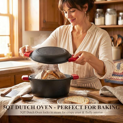 QuliMetal 6 Piece Cast Iron Cookware Set with Dutch Oven | Includes 11 in grill pan, 12 in skillet, 5QT Dutch oven, 3.2QT Dutch oven and 1.6QT skillet lid for home cooking.