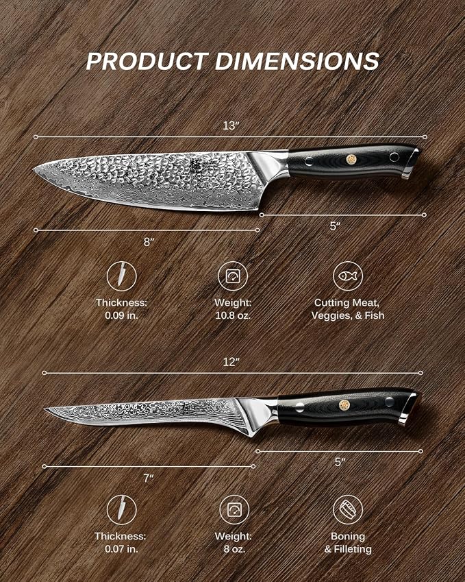 KYOKU Knife Set, Shogun Series 2pc Japanese Style Kitchen Knife Set, 7" Boning 8" Chef Knife with Sheath Gift Box, Professional Sharp Damascus Stainless Steel Knives for Meat Vegetable
