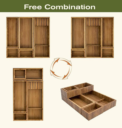 KOCWELL Bamboo Silverware Drawer Organizer with Knife Block, 5 Removable Drawer Organizer Bins - Multi-Use for Kitchen Utensils, Office, Makeup, Tools Storage