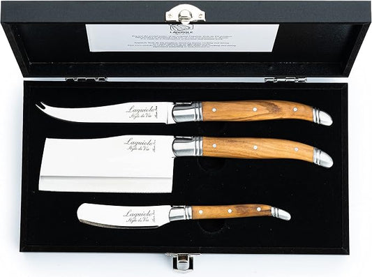 Laguiole Style De Vie Cheese Knives, Luxury Line, Olive Wood, Set of 3 Pieces, Giftbox Included