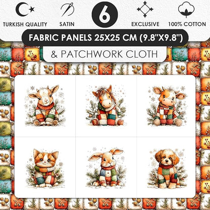 Cozy Animals Patchwork Quilting Fabric Panel – 6× (10×10 inch) Blocks + Bonus Patchwork Sheet 29.5×19.6 inch, 100% Cotton 140 GSM, Winter Forest Animal Theme