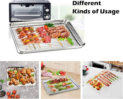 P&P CHEF 16 + 12.5 + 10.4 + 9 Inch Baking Sheet and Rack Set, 8Pcs Stainless Steel Cookie Sheets Oven Baking Pans Trays with Cooling Racks for Cooking, Oven & Dishwasher Safe, Pans with Wire Racks
