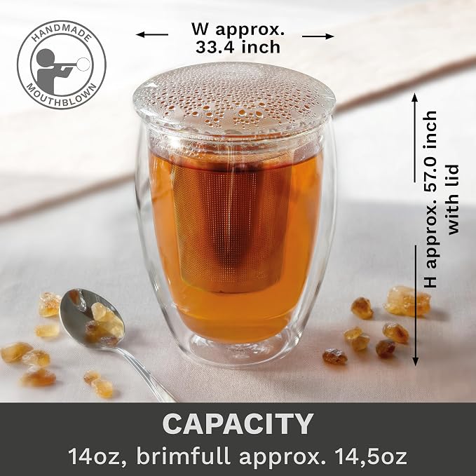Creano Double Walled Tea Glass with Stainless Steel Filter and Glass Lid - 14oz (400ml)