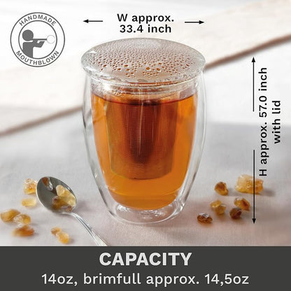 Creano Double Walled Tea Glass with Stainless Steel Filter and Glass Lid - 14oz (400ml)