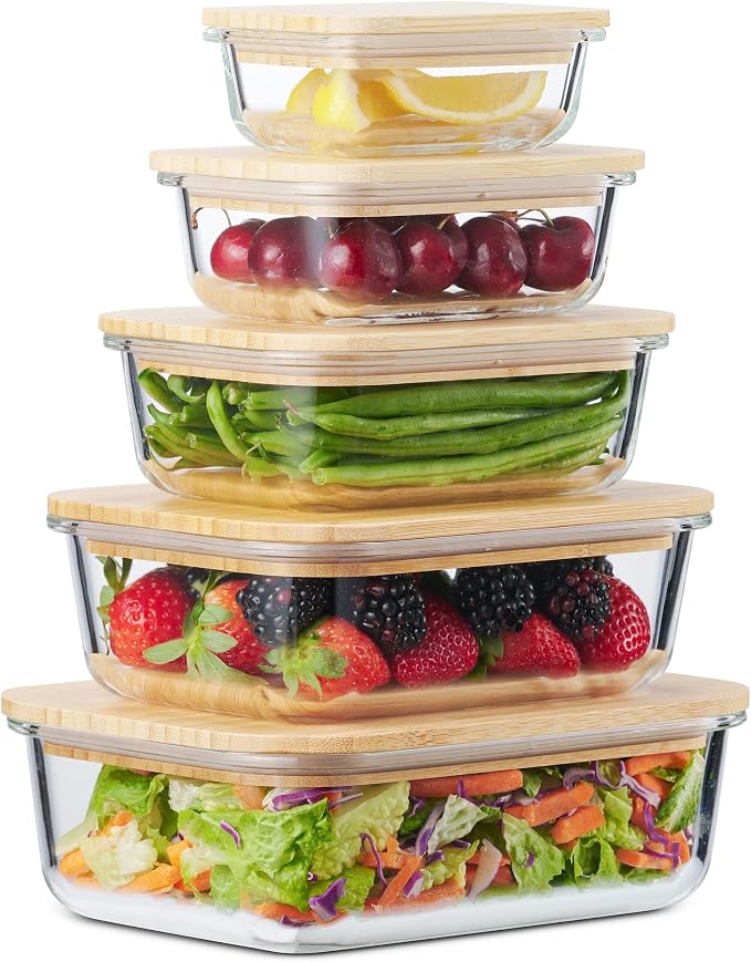 Glass Food Storage Containers with Bamboo Lids Eco-Friendly, set of 5, Airtight, Pantry Organization, Meal Prep Glass Containers. Plastic Free. BPA Free. Microwave Oven Dishwasher and Freezer Safe