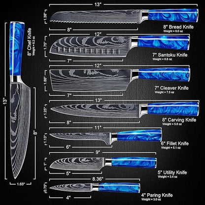 SENKEN 8-Piece Japanese Knife Set - Blue Resin Handle, Laser Damascus Blades - Chef's, Santoku, Bread & Paring Knives