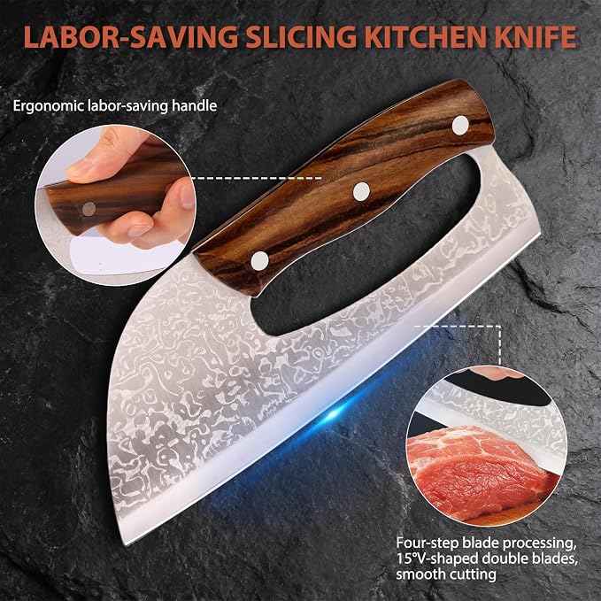 2 Pcs Meat Cleaver Knife Set, Effort Saving Meat Cleaver for Cutting Meat Vegetable, Sharp Carbon Steel Cooking Viking Knife with Leather Sheath for Kitchen, Camping, Outdoor Cooking, BBQ Gift