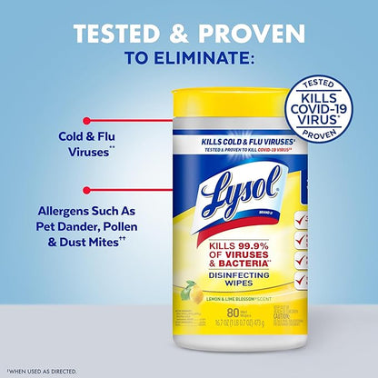 LYSOL Disinfecting Wipes, All Purpose Cleaner, Multi-Surface Antibacterial Cleaning Wipes, Household Cleaning Supplies, Dorm Essentials, Lemon + Mango & Hibiscus + Crisp Linen Scent, 80 ct. (4 Pack)
