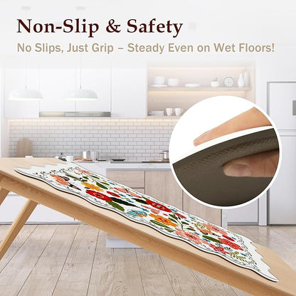 Arenarug Scalloped Kitchen Mats for Floor Cushioned Anti Fatigue Kitchen Mats Rugs Waterproof Non Slip Farmhouse Boho Floral Comfort Foam Standing Mat for Sink Laundry, White, 17.3x30