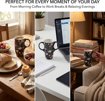 Topadorn 17oz Black Wildflower Ceramic Travel Mug with Lid, Dark Floral Coffee Cup, Microwave & Dishwasher Safe, Gift Box Included
