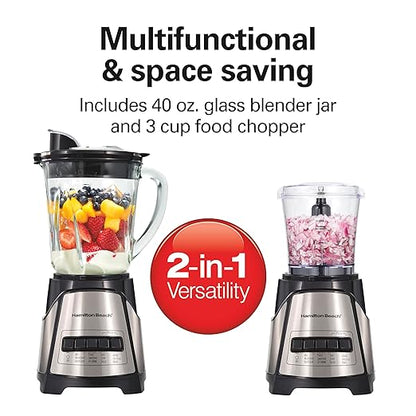 Hamilton Beach Power Elite Blender for Smoothies with 3-Cup Vegetable Chopper, Mini Food Processor, 40oz Glass Jar, 12 Functions for Puree, Ice Crush, Black (58149)