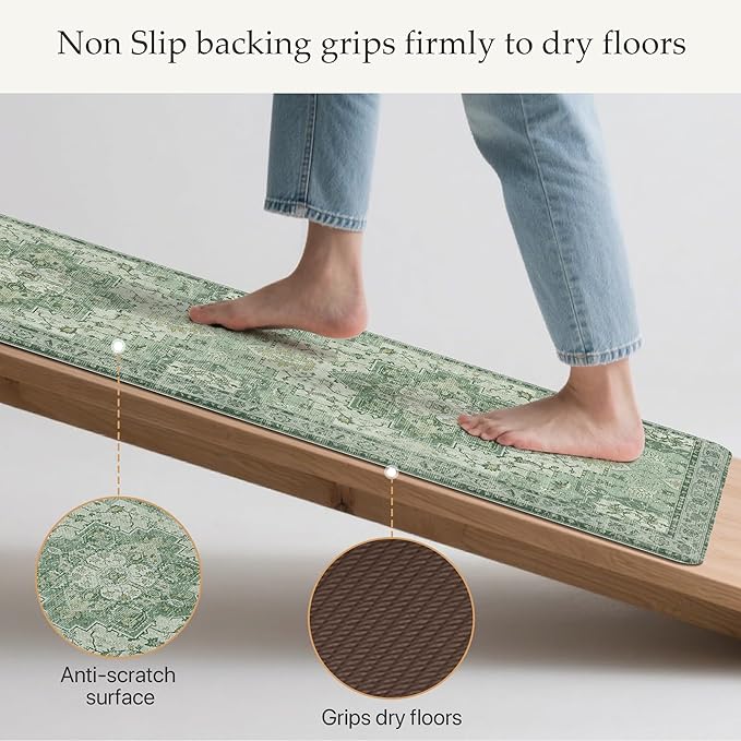 GENIMO Kitchen Mats for Floor 2PCs, Washable Anti Fatigue Mat for Cushioned, 17.3"x47"+17.3"x30", Waterproof Kitchen Rugs, Non Slip Comfort Standing Mat Rug for Home, Sink, Laundry, Light Green
