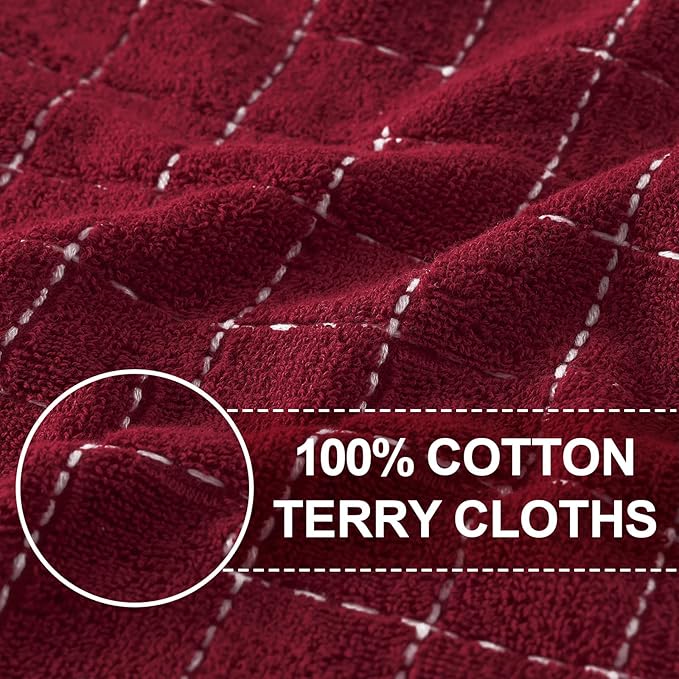 Homaxy 100% Cotton Terry Kitchen Towels(Burgundy Red, 13 x 28 inches), Checkered Designed, Soft and Super Absorbent Dish Towels, 8 Pack