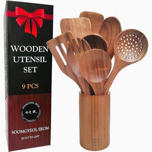 SOOMGYEOL SEOM 9-Piece Teak Wood Cooking Utensil Set with Holder | Wooden Spoons and Spatulas, Countertop Organizer, Heat Resistant, Kitchen Tools