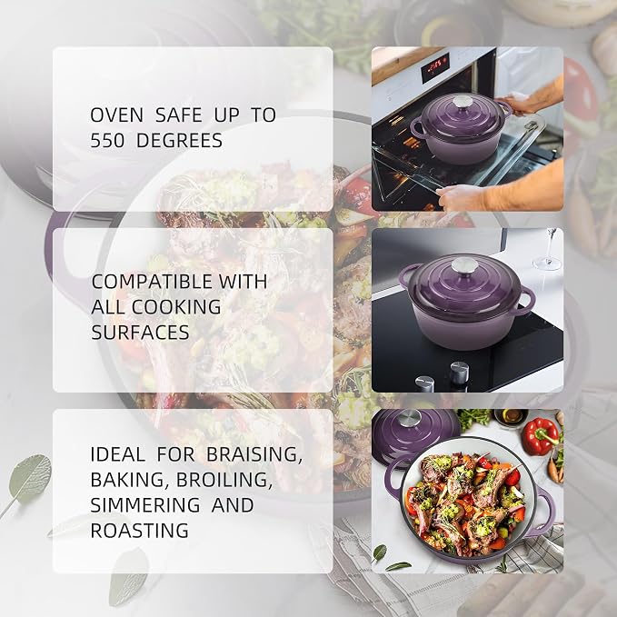 6 Quart Dutch Oven Enameled Cast Iron with Lid - Big Dual Handles - Oven Safe up to 500°F - Classic Round Pot for Versatile Cooking Purple