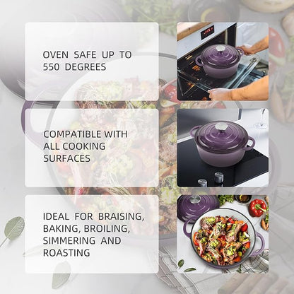 6 Quart Dutch Oven Enameled Cast Iron with Lid - Big Dual Handles - Oven Safe up to 500°F - Classic Round Pot for Versatile Cooking Purple