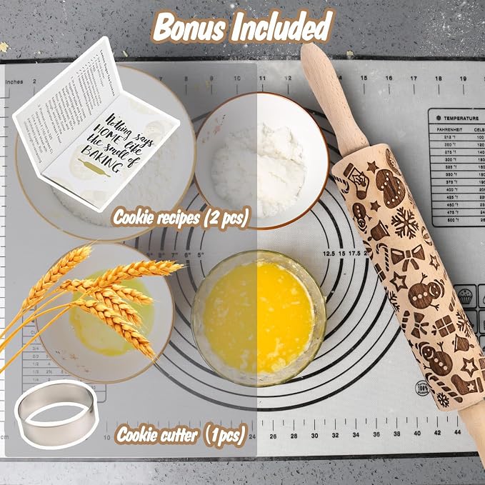Christmas Embossed Rolling Pin for Baking Cookies Embossing Rolling Pins with Design Wooden Engraved Springerle Roller Pin Dough Patterned Clay Pottery Ceramic Bakers Women Kids (Snowflake & Snowman)