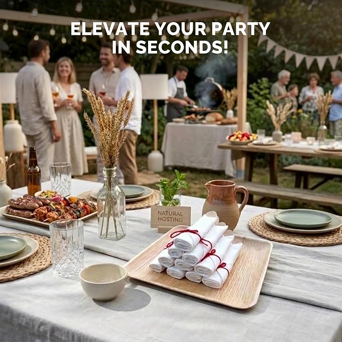 Prerolled Disposable Bamboo Cutlery Set – 50 Pack Pre Wrapped Silverware and Napkin Bundle with Forks, Knives, Spoons for Parties, Weddings, Events, and BBQ (Red String)