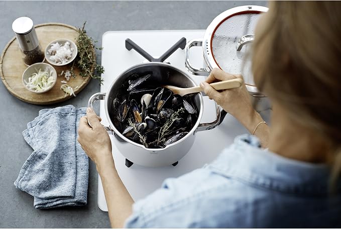WMF cookware Ø 24 cm approx. 4,1l Function 4 Inside scaling lid - pour off or decant liquids without spilling to keep your dishes and cooker clean. Made in Germany hollow side handles glass lid Cromargan stainless steel brushed suitable for all stove t...