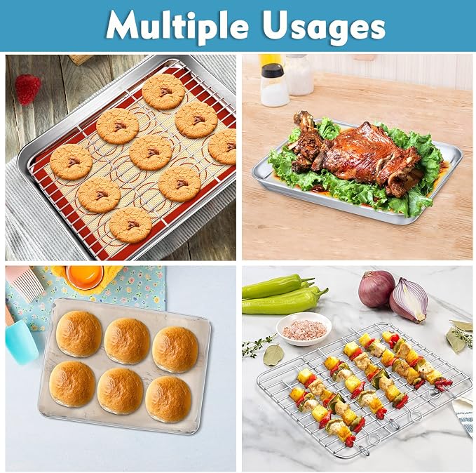 P&P CHEF 10.4 Inch Baking Oven Sheet Pan with Rack & Mat for Cookie, Stainless Steel Oven Sheet Tray Cooling Rack and Silicone Mat for Baking & Roasting, Dishwasher Safe & Healthy, 3Pcs