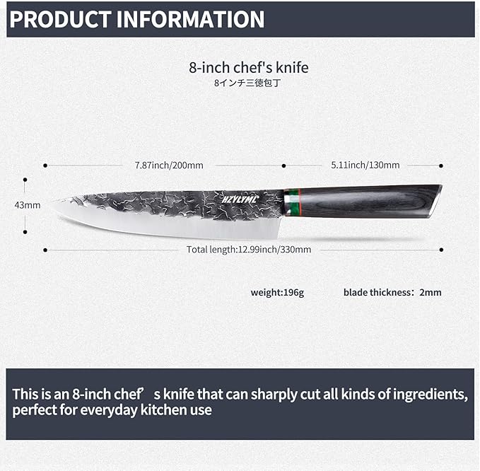 8 inch Japanese Gyuto Chef Knife，HC Steel Home Essentials Sharp Kitchen knife，Professional Hand Forged Cooking Knife，Knives for cooking and chopping，Gifts for chef，Gifts for Mom/Dad