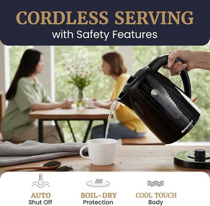 Elite Gourmet EKT5051 1.7L Electric Water Kettle, BPA-Free, Fast Boil, Auto Shut-Off, Boil-dry Protection, 360° Swivel Base with Cordless Serving, Clear-view Window with Water Level Markings, Black