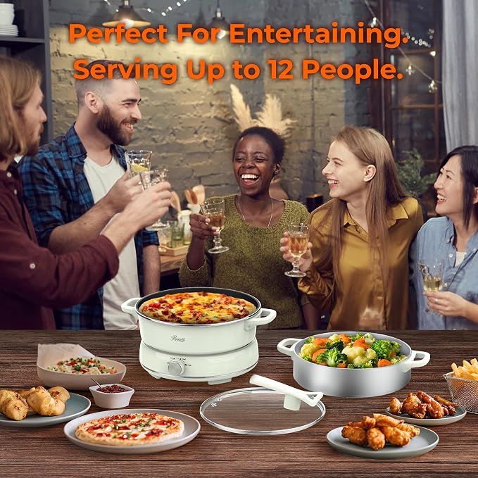 Rosewill 12.7 QT Electric Hot Pot Slow Cooker with Multiple Functions, Split Design with 11.8 inch Wider Cooking Pot and SUS Steam Basket, 1600W High Power, Includes Utensils - Light Green