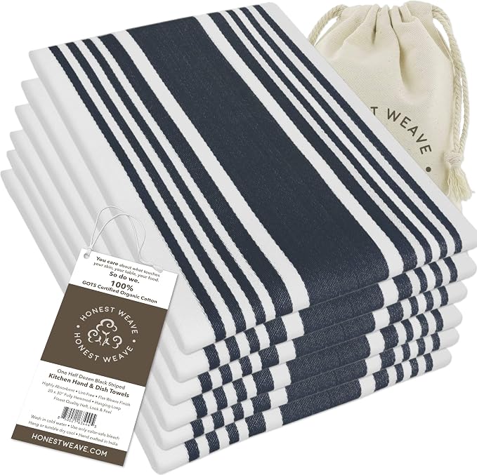 HONEST WEAVE GOTS Certified Organic Cotton Kitchen Hand and Dish Towel Sets - Oversized 20x30 inches, Fully Hemmed, in Designer Colors, 6-Pack, Black Stripe