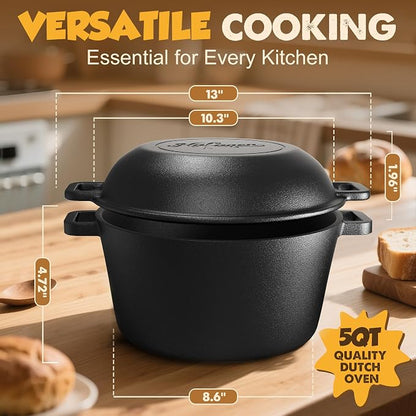 Cast Iron Dutch Oven, 5 QT, Pre-Seasoned with Lid | Sourdough Bread Baking, Multi-Functional Braising, Bread Baking Supplies Set, 11PCS Sourdough Starter Kit
