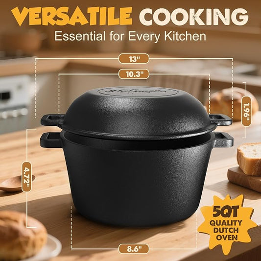 Cast Iron Dutch Oven, 5 QT, Pre-Seasoned with Lid | Sourdough Bread Baking, Multi-Functional Braising, Bread Baking Supplies Set, 11PCS Sourdough Starter Kit
