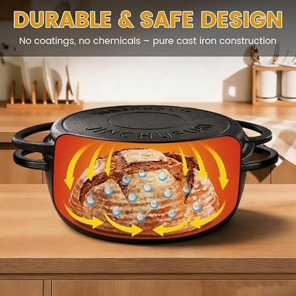 Cast Iron Dutch Oven With Skillet Lid - JINCHUFURI, 2-in-1 Pre-Seasoned Heavy Duty Cookware Set for Bread Baking, Frying, Camping, BBQ, Oven, Grill & Stovetop, 3.5QT