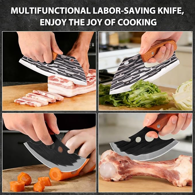 2 Pcs Meat Cleaver Knife Set, Effort Saving Meat Cleaver for Cutting Meat Vegetable, Sharp Carbon Steel Cooking Viking Knife with Leather Sheath for Kitchen, Camping, Outdoor Cooking, BBQ Gift