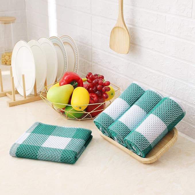 Homaxy Kitchen Towels and Dishcloths Set, 12 x 12 and 13 x 28 Inches, Set of 8 100% Cotton Waffle Weave Check Plaid Kitchen Dish Towels, Super Soft and Absorbent Dish Cloths, White & Teal