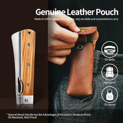 ZhengSheng Folding Chef Knife with Leather Pouch 4.8” Sharp 440A Stainless Steel Blade Olive Handle Pocket Foldable Japanese Style Kitchen Knife for Outdoor Camping BBQ trip Cooking.